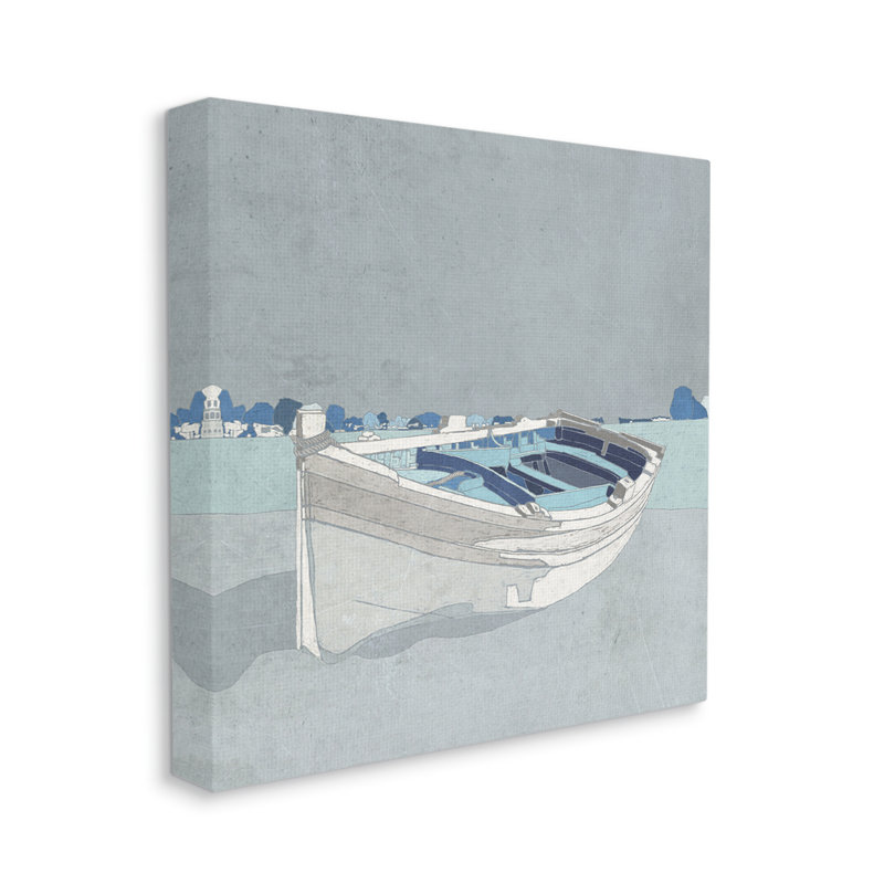 «Beached Row Boat», ville nautique bleue - peinture, Toile tendue, H 30 po x l 30 po