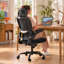 Chaise de bureau ergonomique avec support lombaire, dossier haut en maille, pivotante et à roulettes avec appui-tête, noire-1558410577