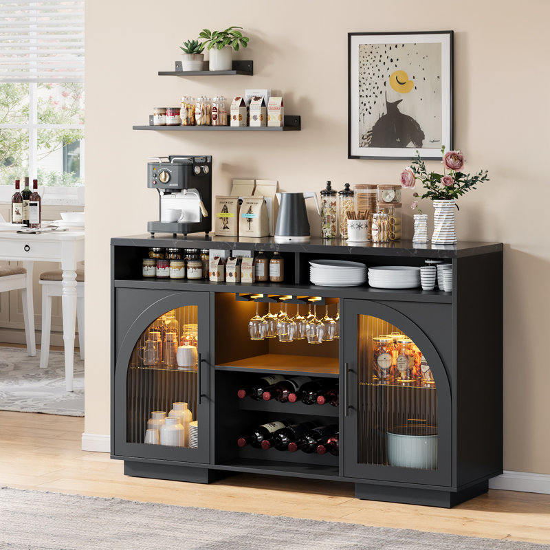 Sideboard Buffet Cabinet, 54" Kitchen Cabinet With Led Lights & Arched Glass Doors, Tall Bar Cabinets With Adjustable Shelves, Wine Rack & Storage Table For Dining Room