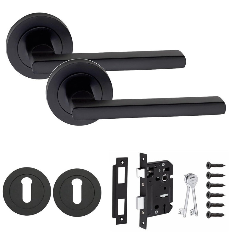  Leon Design Door Handles Set on Round Rose in Matt Black Finish with 64mm 3 Lever Mortise Lock and Key Hole