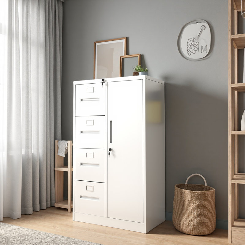 Metal Storage Vertical Filing Cabinet With Lock, Steel File Locker With 4 Drawers And 1 Door For School, Living Room, Bedroom, Office