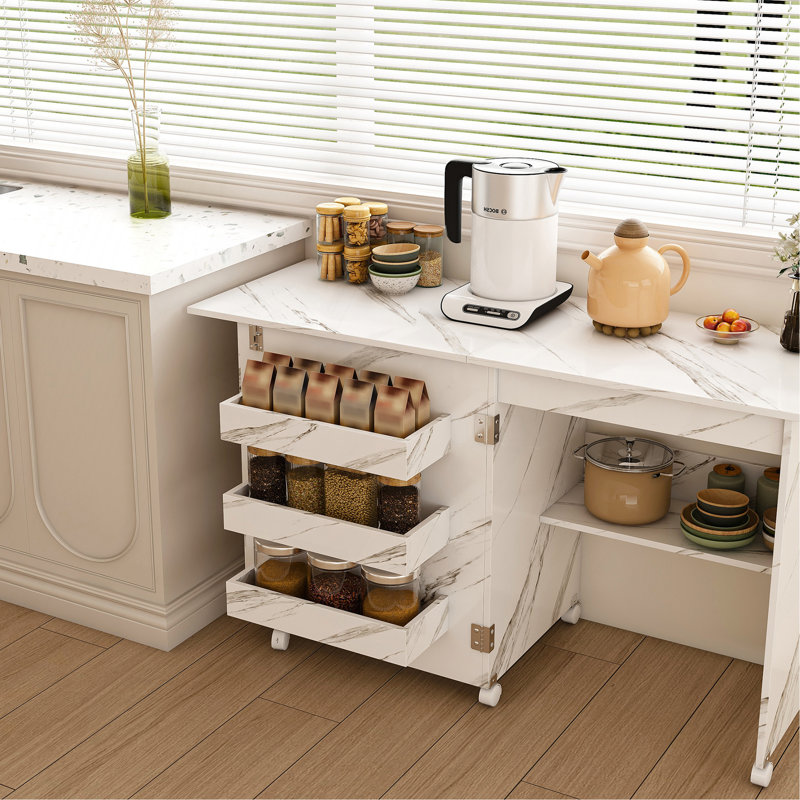 Table de couture pliante 4-en-1 avec roues verrouillables - Poste de travail multifonctionnel, table de bout, bureau d'ordinateur et rangement de cuisine avec tablettes, table de machine à coudre roulante blanche pour appartements