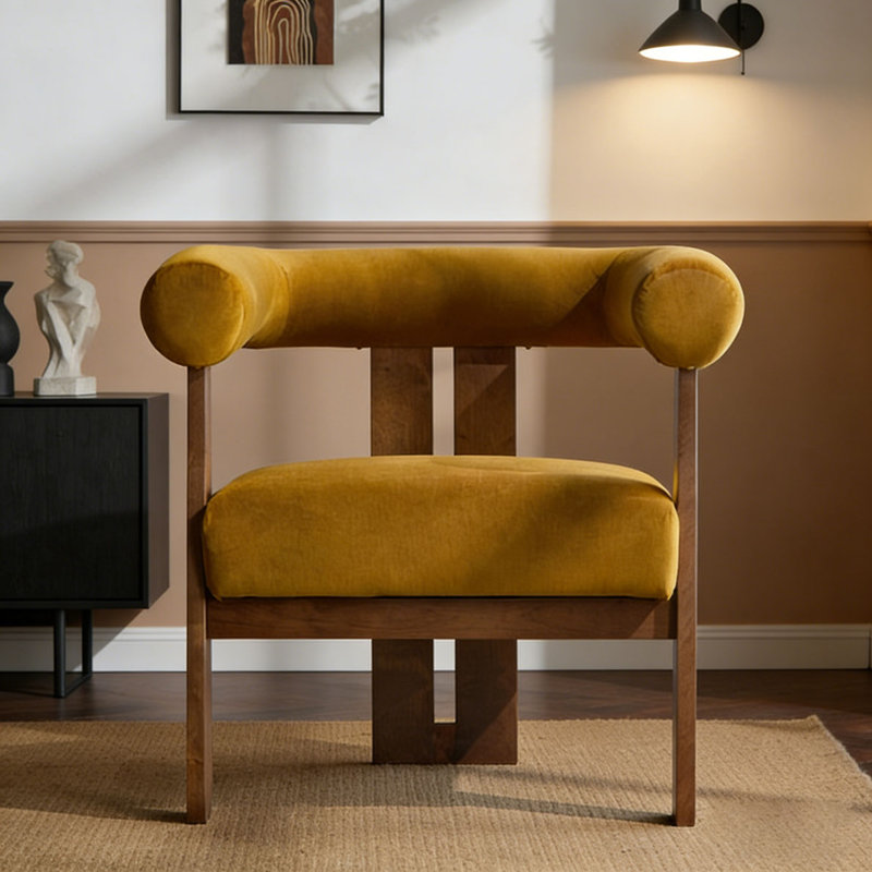 Chaise d'appoint moderne rembourrée avec accoudoirs ronds, Mustard yellow