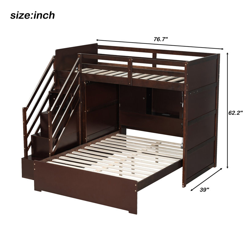 Lit superposé simple au dessus d'un lit double avec escalier de rangement, garde-robe, port USB et lumière, Espresso