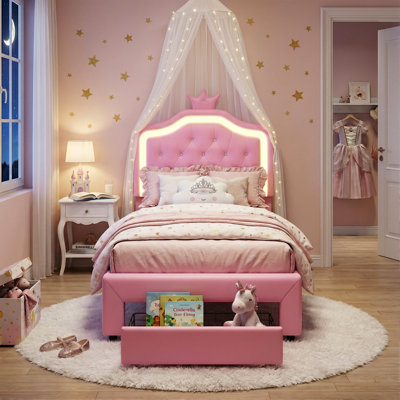 UK Single Princess Bed With LED Crown Headboard & Storage Drawer, Pink & White Faux Leather