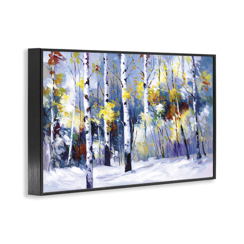 Automne bouleaux enneigés, estampe numérique par Leon Devenice, H 12 po x l 18 po, Giclée encadrée noir minuit