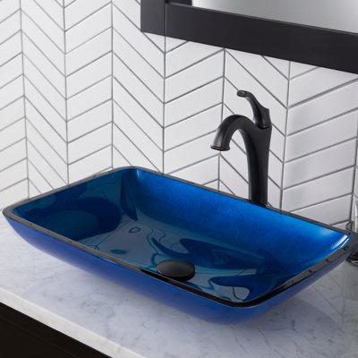 Glass Rectangular Vessel Bathroom Sink with Faucet