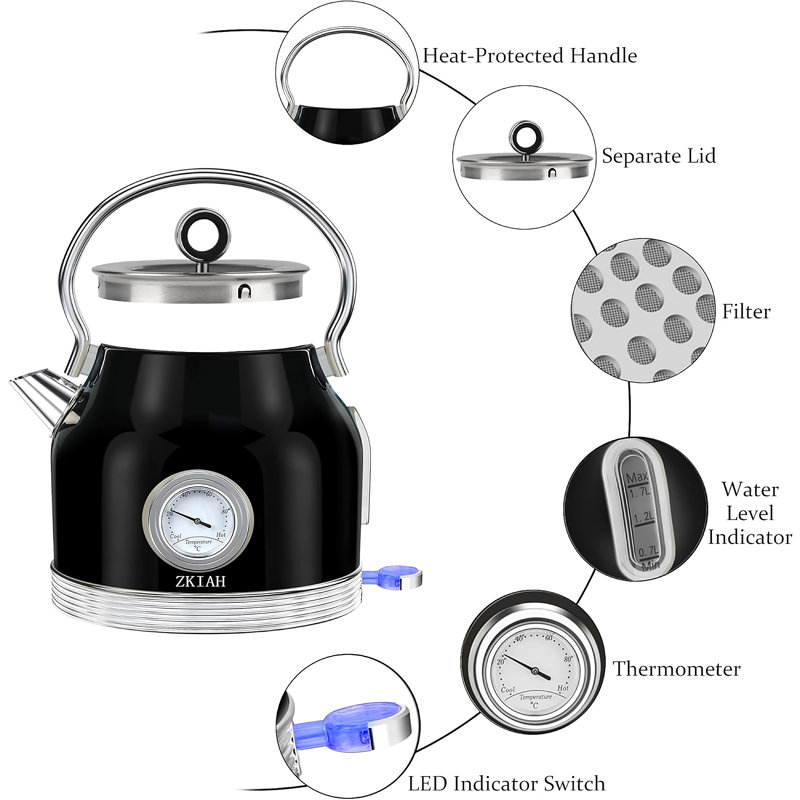 1.7l Retro Stainless Steel Electric Kettle With Thermometer, Limescale Filter, And Automatic Shut-off - Black