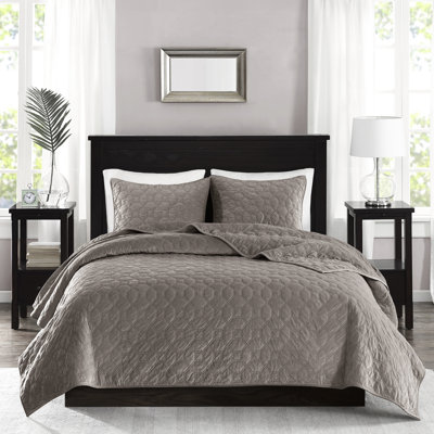 Courtepointe en velours très grand / très grand 3 pièces taupe - géométrique, rembourrée de coton, matelassée géométrique confortable