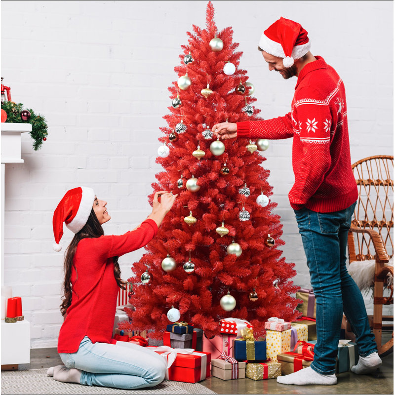 Arbre de Noël rouge 5 pi - Arbre en PVC rouge pur avec 624 pointes, branches articulées pour une installation facile, support en métal stable, décoration audacieuse des Fêtes