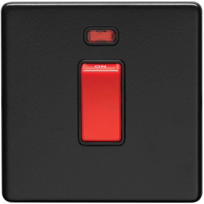 1 Gang Single 45A DP Cooker Switch & Neon SCREWLESS MATT BLACK Slim Rocker, Matte Black, Black