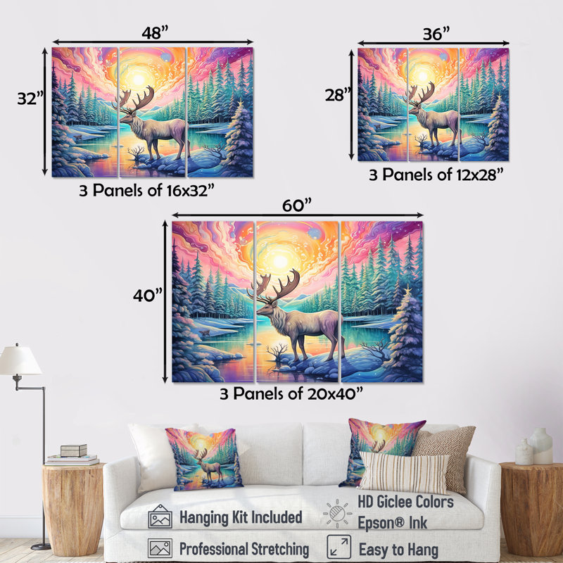 «Kawaii Color With Deer In Canada - Aurora Borealis», ensemble d'art sur toile, H 28 po x l 36 po