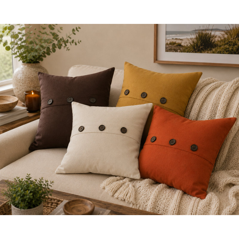 Solid Button Buttons Linen Throw Pillow, Chocolate