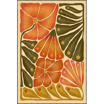 Orange Leaf Patterned Woven Base Washable Rug