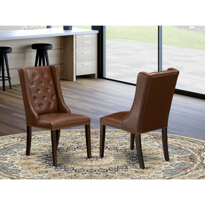 East West Furniture FOP2T44 Mid Century Dining Chairs - White Pu Leather Dining Chair And Button Tufted Back With Linen White Rubber Wood Legs - Nail