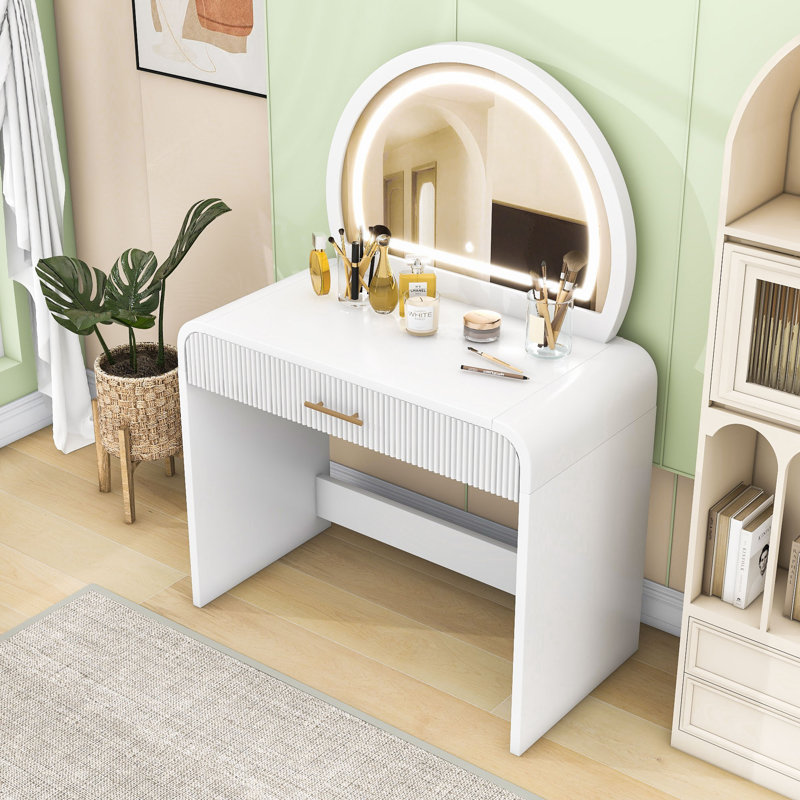 Modern Makeup Vanity Table with LED Touch Mirror, Curved Edges and Wavy Drawer, White