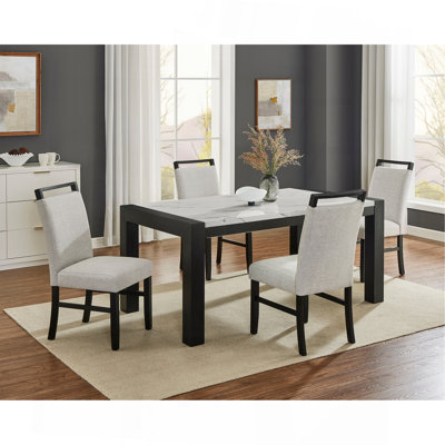 Dining Set Contemporary Style Faux Marble Rectangular Table Full Back Upholstered Chairs Light Grey Finish Dining Room Wooden Furniture