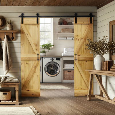 Double Solid Pine Wood Barn Door Set