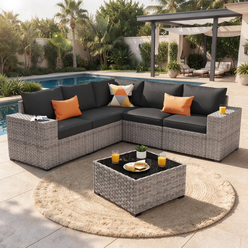 5 - Person Patio Furniture Set , Outdoor Wicker Rattan Sectional Seating Group with Cushions, All Weather Sofa Conversation Set with Table for Garden Backyard