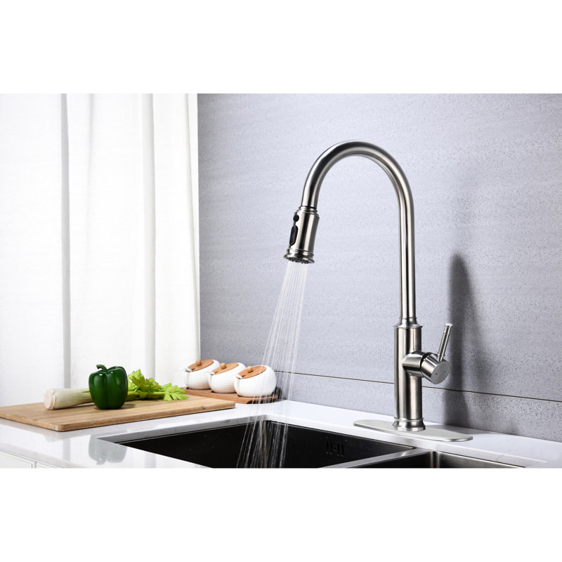 Pull Down Kitchen Faucet - High Arc 360 Rotating Nozzle, Stream Spray Pause Settings, Single Lever For Temp And Flow, Brushed Nickel Finish, Stainless Steel Build, Rust Surface, Aerated Water