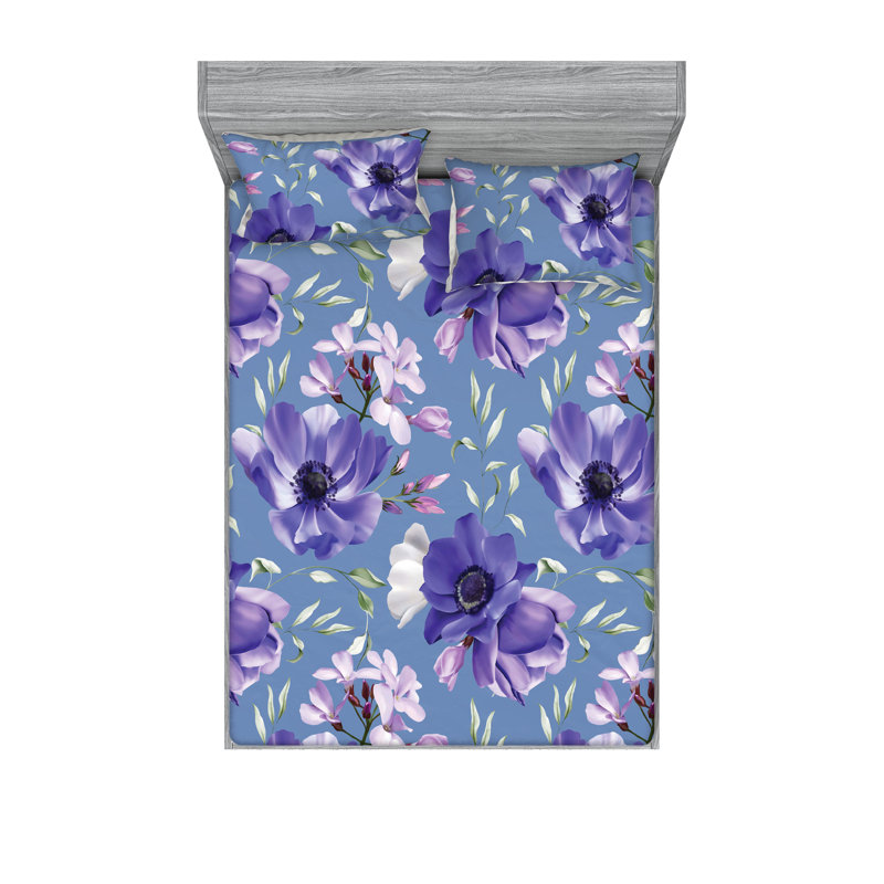Drap-housse et taies décoratives 3 pièces Ambesonne, Bleu cadet, violet / floral