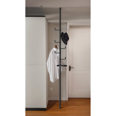 New style with trays Adjustable Laundry Pole Clothes Drying Rack Coat Hanger DIY Floor to Ceiling Tension Rod Storage Organizer for Indoor, Balcony - Black