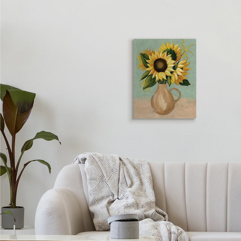 Bouquet de tournesols d'été dans un pichet campagne brune par Grace Popp - impression, H 20 po x l 16 po, Toile tendue