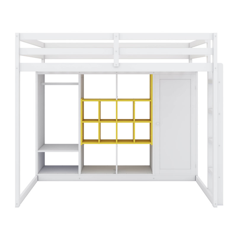 Structure de lit mezzanine moderne en bois massif avec échelle, tablettes et garde-robe, Jaune / Blanc