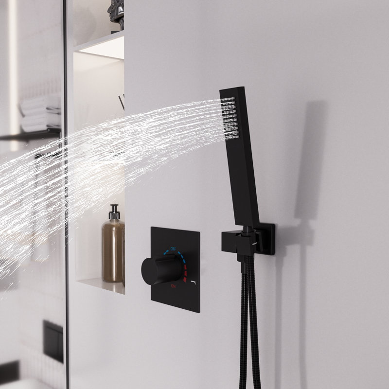 Système de douche à effet pluie noir mat à fixation au plafond avec robinetterie encastrée, ensemble de robinetterie carrée à 2 fonctions avec douchette à main