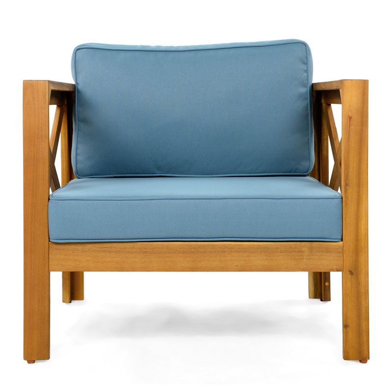 Fauteuils club d'extérieur en bois avec coussins en tissu imperméables bleus, conversation, convient pour une utilisation dans le jardin Conception ergonomique confortable
