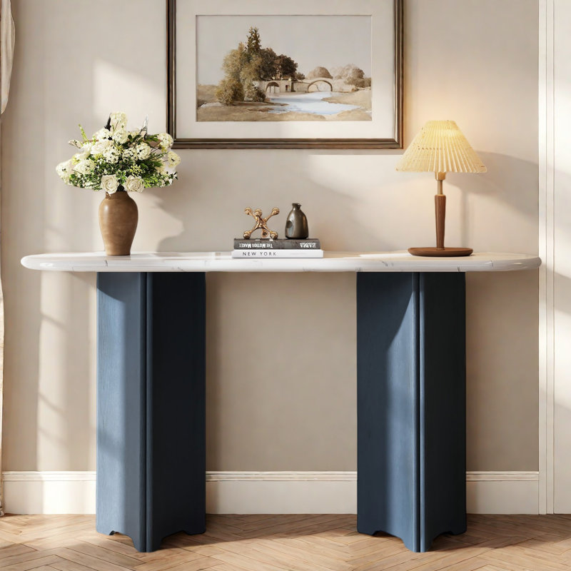 Narrow Console Table With Oval Marble Top, Curved Legs And Triangular-designed Base, Navy