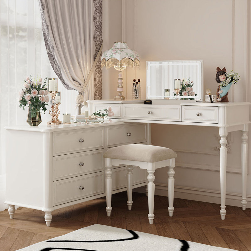 Coiffeuse en L 82,68 po de style crème avec miroir de coiffeuse