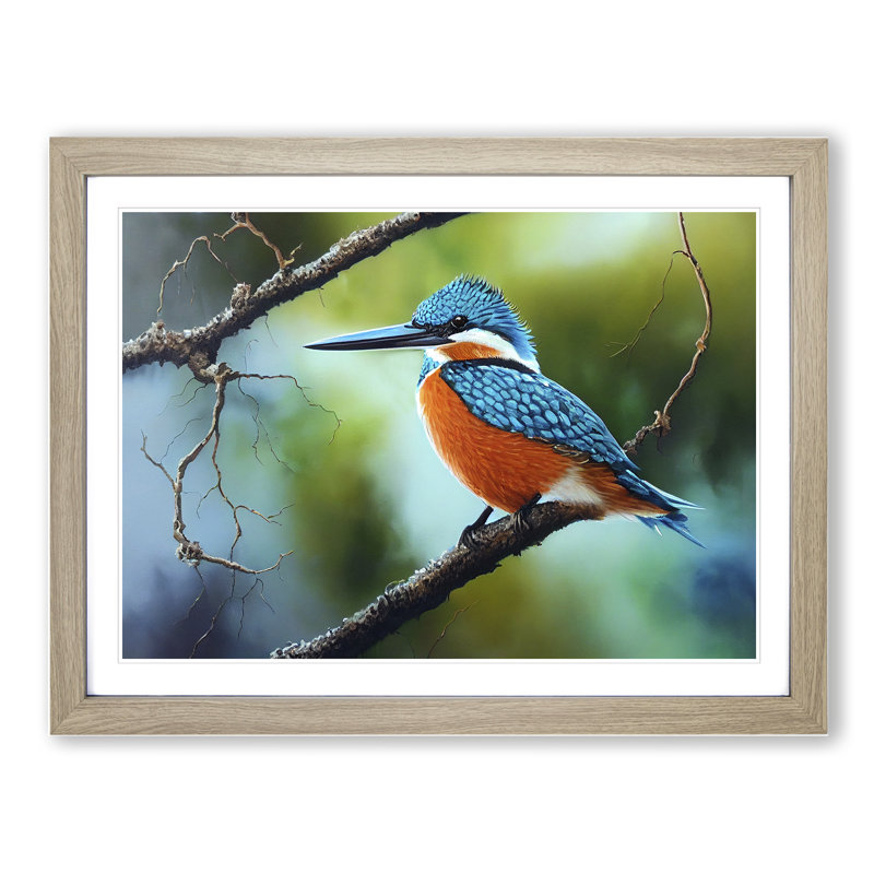 An Effervescent Kingfisher Bird - Framed Print, Oak, 46cm H x 64cm W x 2cm D
