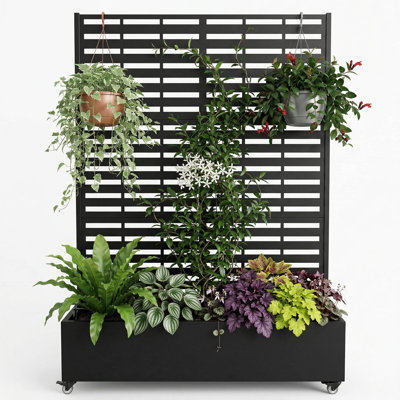 Lit de jardin surélevé en métal avec treillis et écran d'intimité, pot à fleurs en métal galvanisé 71,5 po x 47 po x 16 po avec roues et trous de drainage pour patio