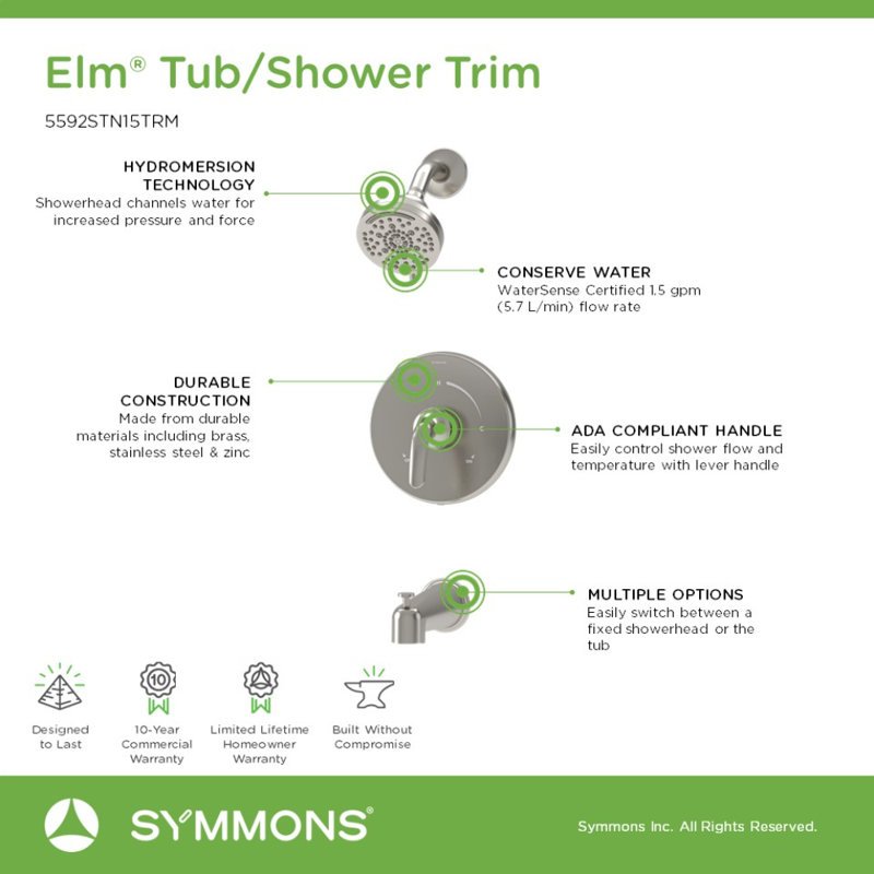 Elm Wall Mounted Tub and Shower Trim Kit with Diverter Lever, Satin Nickel