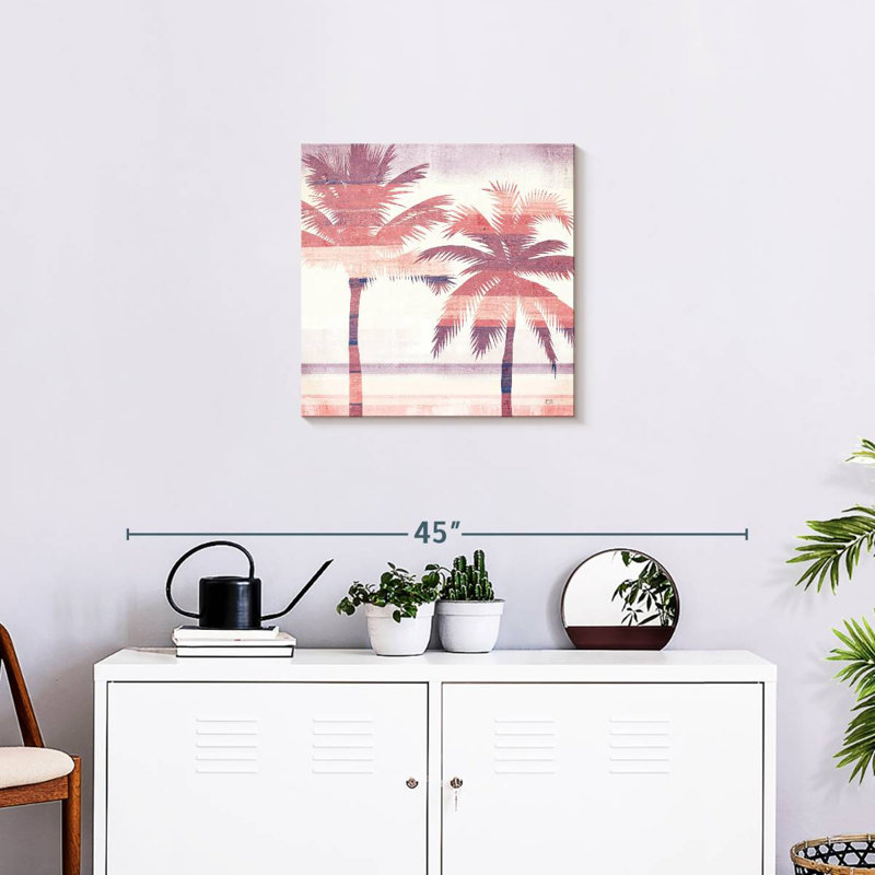 Harnek, paysage de plage, palmiers, rose, mauve, H 20 po x l 20 po