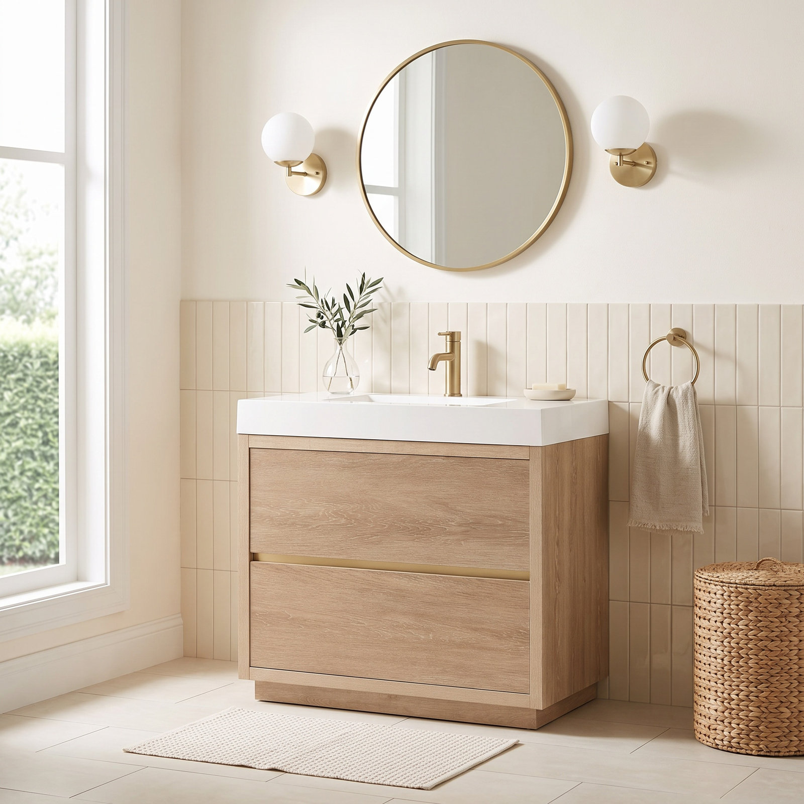 Beira Single Bathroom Vanity, North American Oak, White, 36"