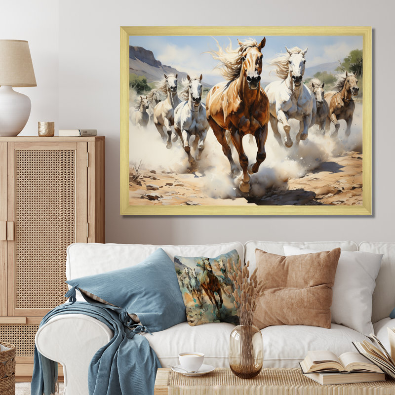 Cowboy Wild Mustangs Cowboys - Cowboys Canvas Art Print, Cadre doré à une seule photo, H 24 po x l 32 po x P 1 po