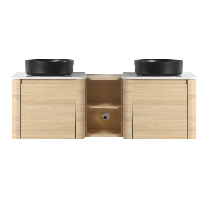 Meuble-lavabo mural 60 po avec lavabo d'art en céramique et 1 tablette de rangement, porte à fermeture en douceur, contreplaqué