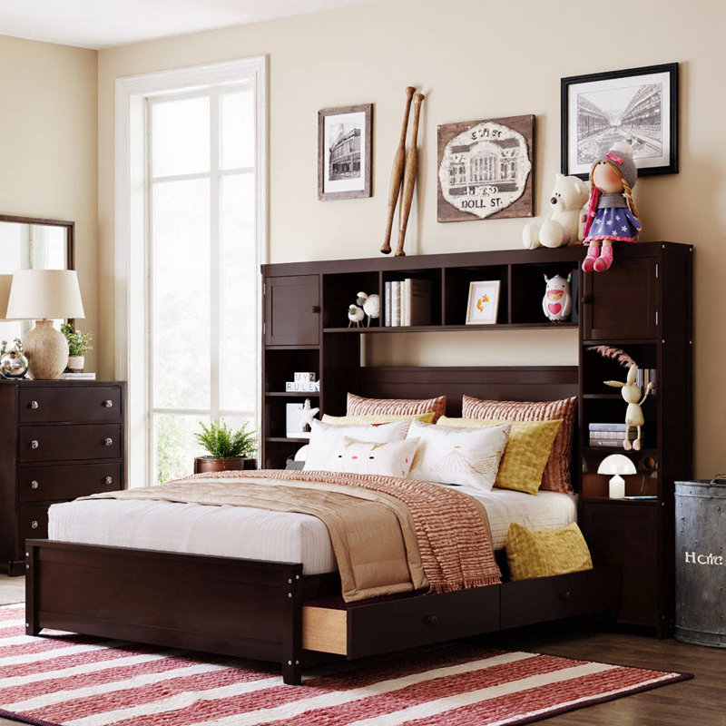 Lit double en bois avec rangement et armoire tout-en-un, Lit double, Espresso