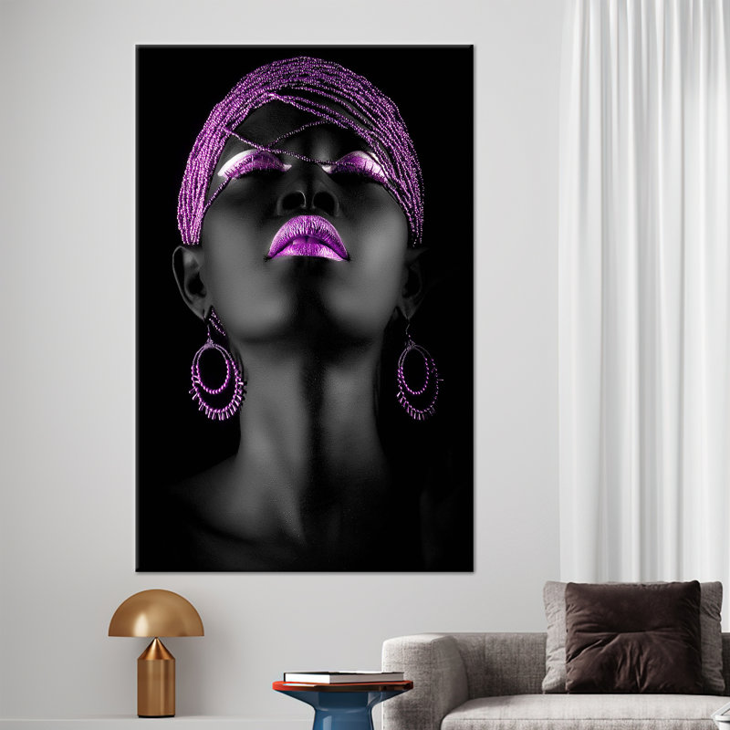 Superbe art africain sur toile aux lèvres mauves - décoration murale tendance pour maisons modernes, H 93 po x l 39 po