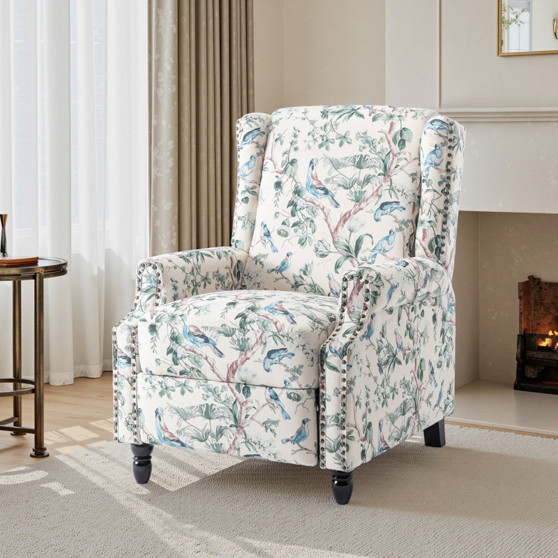 Ameiah 74 cm W Upholstered Wing Back Manual Push Back Recliner with Naihead Trims, Bird Polyester