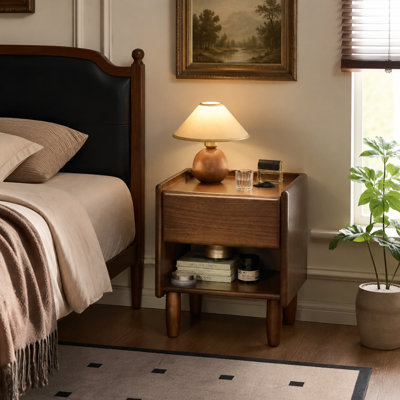 Solid Wood Nightstand, North American Black Walnut Bedside Table with 1 Drawer, Open Shelf & Cable Cutout, 18.89"H Modern Side Table for Bedroom, Easy Assembly