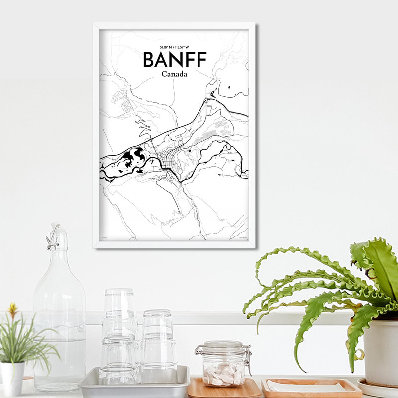 Banff, carte de la ville, impression, Noir et blanc, H 27,6 po x l 19,7 po