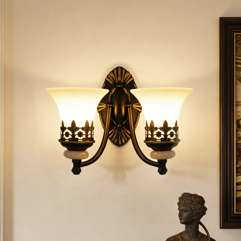 Applique murale rétro 2 lumières, abat-jour évasé en verre beige
