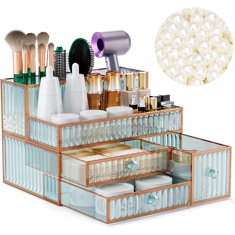 Organisateur de maquillage pour comptoir - Organisateur de meuble-lavabo en verre trempé pour cosmétiques, soins de la peau, outils pour les cheveux, brosses, parfums