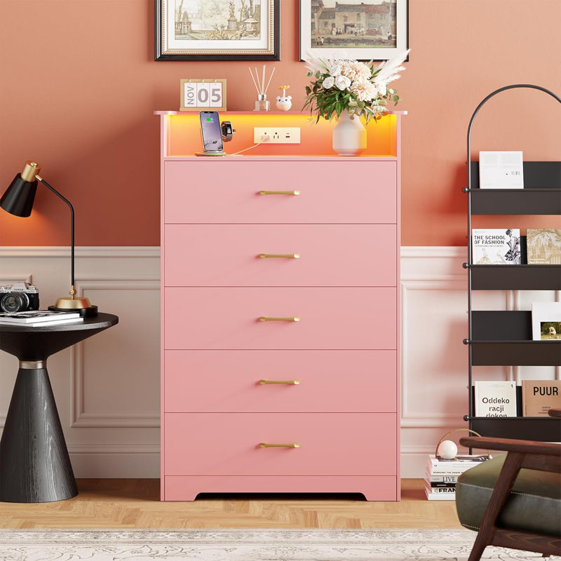 5-Drawer Dresser with LED Lights & Charging Station – 51” Tall Vertical Chest with Open Shelf, Power Outlet & USB Ports – Modern Storage Cabinet for Bedroom, Living Room, Entryway, Pink