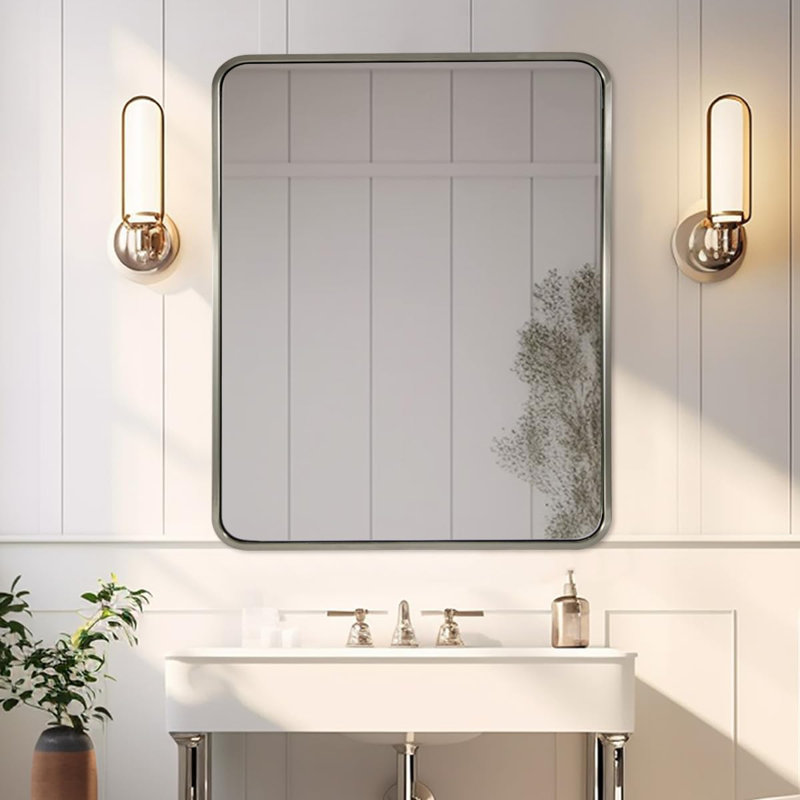 Miroir de salle de bain rectangulaire contemporain | Cadre épais en acier inoxydable, Nickel brossé, 36 po x 30 po