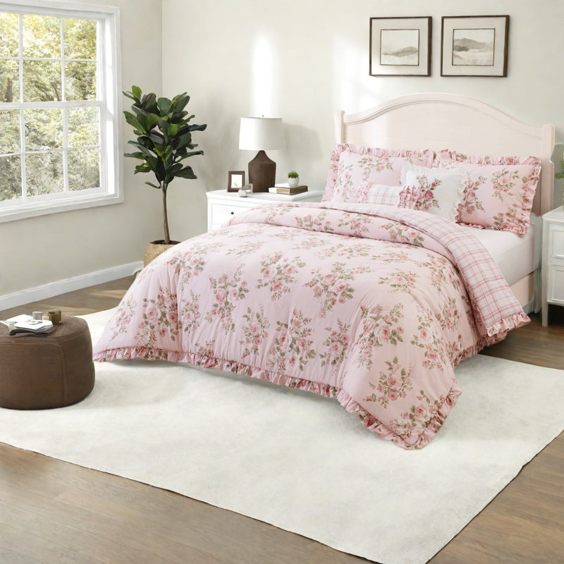 Ensemble de literie pour grand lit rose, ensemble de volants en microfibre pour la maison