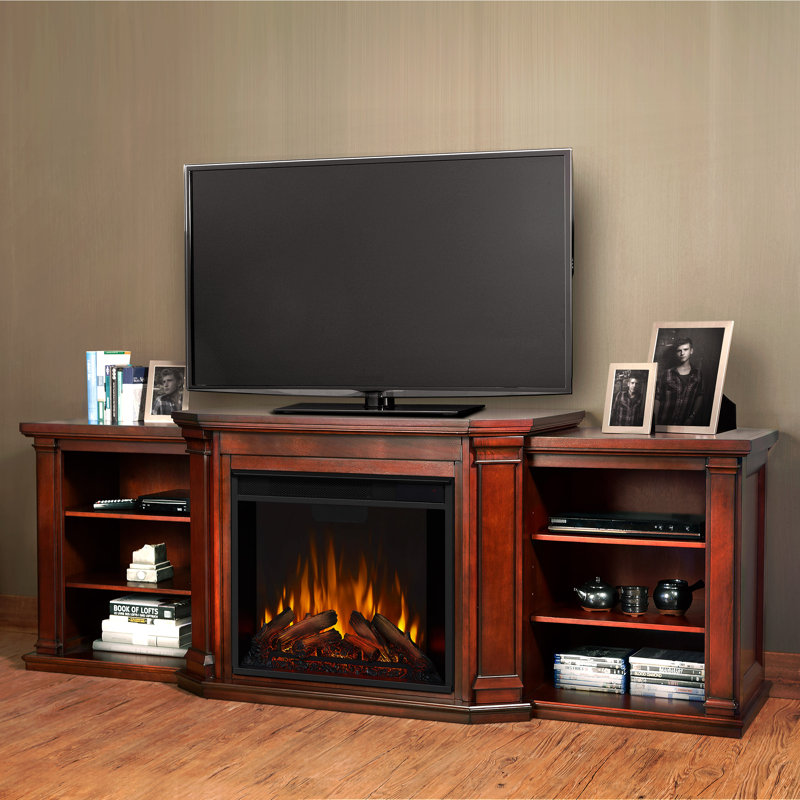 Valmont 74'' TV Stand with Fireplace, Dark Mahogany